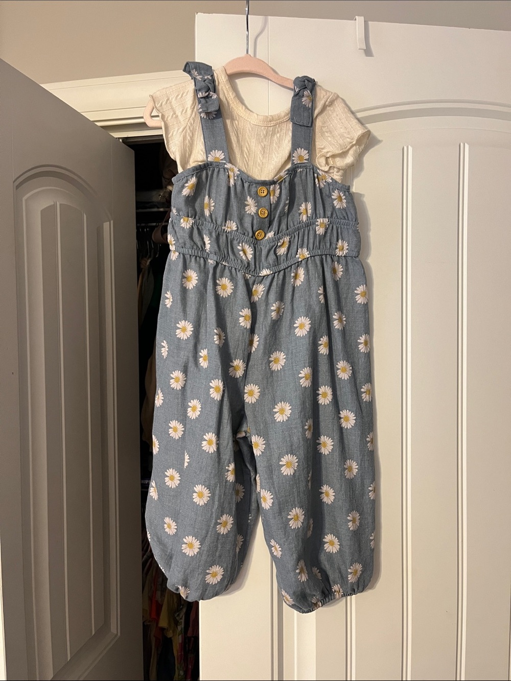 Girls Denim-Blue Daisy Print Overalls